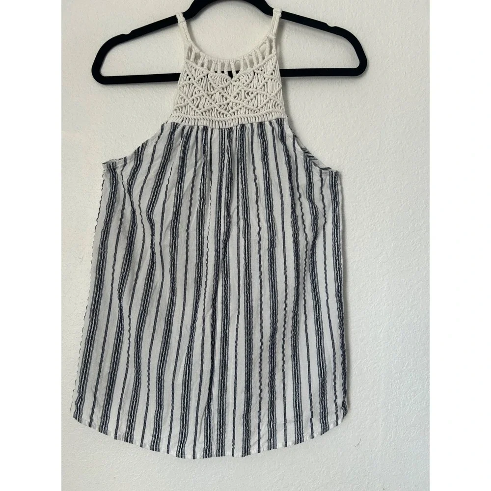 Knox Rose Macrame Fringe Striped Tank Top Size S Blue White Woven‎ Halter Boho
